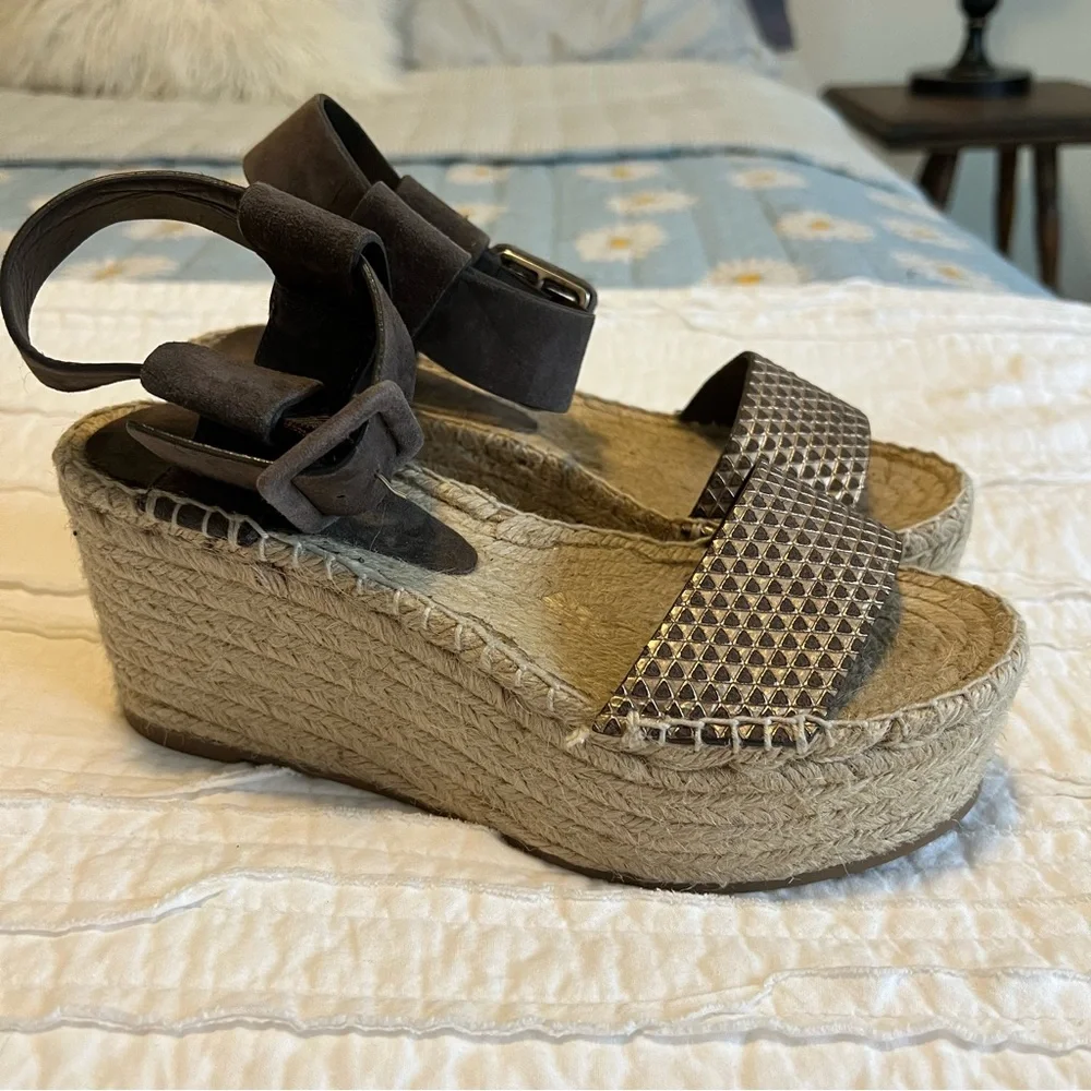 Vince Gray Leather Espadrille Wedge Sandals Size 6